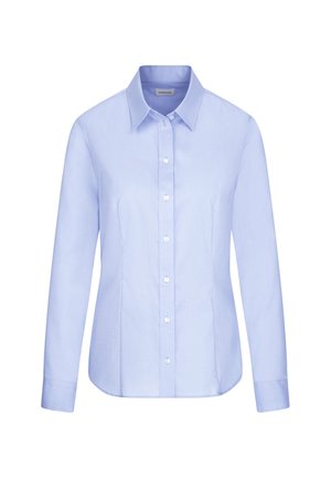 Lichtblauw overhemd met lange mouwen en knopen, voorzien van een scherpe kraag, voorste knoopsluiting en een gladde textuur. De stof oogt licht en luchtig.