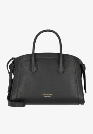 Borsa a mano in pelle nera con finitura testurizzata, doppie maniglie superiori, tracolla removibile e dettaglio logo dorato discreto sul davanti.