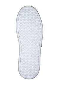 Weiße Gummisohle mit einem strukturierten, wellenförmigen Muster für Halt undTraktion, abgerundet an der Spitze und mit verstärkten Kanten.