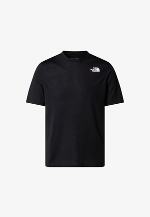 Schwarzes T-Shirt mit kurzen Ärmeln aus Baumwollmischung, mit Rundhalsausschnitt und kleinem weißem Logo auf der oberen linken Seite. Glatte Textur.
