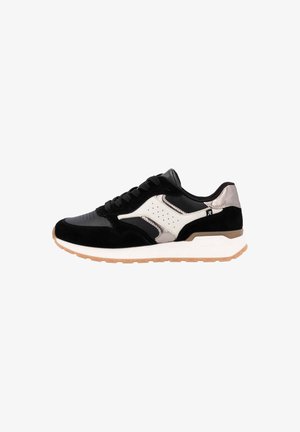 Black and metallic silver athletic shoe with suede and synthetic leather materials, featuring a white midsole and rubber outsole.