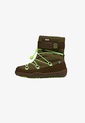 Brown waterproof boot with green accents, flexible upper, rubber sole, and lacing system. Features a frog logo on the strap.