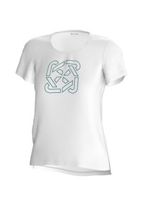 White short-sleeve t-shirt with a round neckline and an abstract teal graphic design on the front. Smooth fabric texture, casual fit.