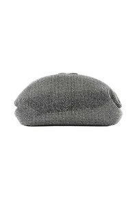 Bolso de mano adornado con strass en plata. Forma redondeada y texturizada con cierre de broche y detalles plisados en los laterales.
