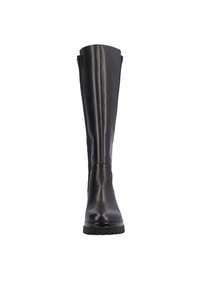 Bottes en cuir noir montantes, au design épuré, avec un bout rond, des côtés texturés et une semelle en caoutchouc durable. Fermeture à glissière sur le côté visible.