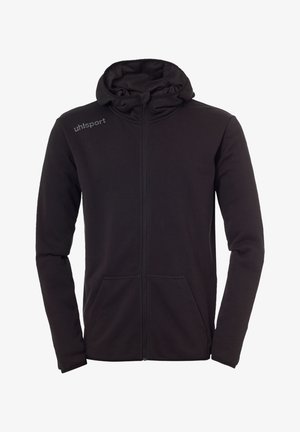 Felpa nera con cappuccio e zip, maniche lunghe, tasche frontali e logo "uhlsport" sul petto alto a sinistra.