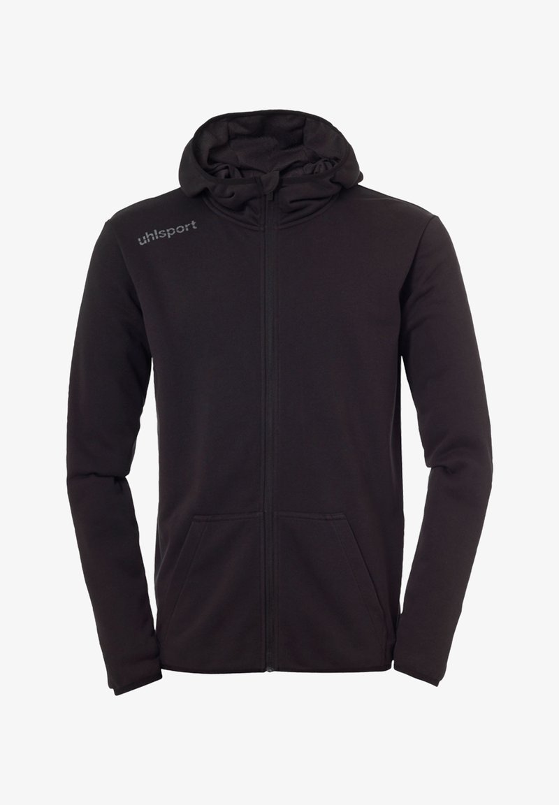 Black zip-up hooded sweatshirt with long sleeves, front pockets, and "uhlsport" logo on the upper left chest.