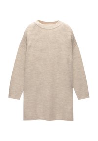 Maglione lungo beige lavorato a maglia con una texture a costine, collo a giro e spalle scese. Vestibilità oversize che arriva a metà coscia.