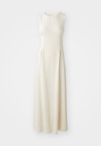 Robe maxi sans manches de couleur crème en tissu texturé, avec un col rond et de légères plis à l'avant.
