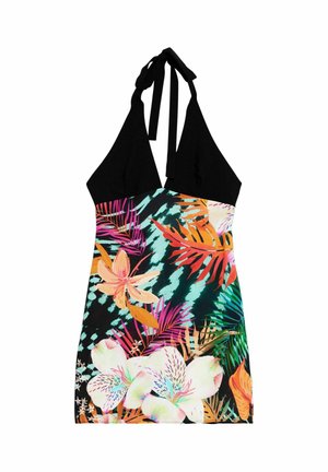 Félpántos ruha fekete felsőrésszel és élénk trópusi virágmintás szoknyával, narancssárga, rózsaszín, zöld és fehér színekkel, fekete és tengerzöld alapon.