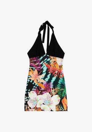 Sukienka na szyję z czarnym topem i żywym tropikalnym kwiatowym wzorem na spódnicy w kolorach pomarańczowym, różowym, zielonym i białym na czarnym i turkusowym tle.