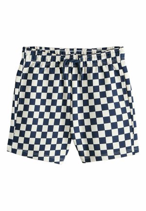 Navy blue and white checkered swim shorts with elastic waistband and drawstring, featuring side pockets and straight hem.