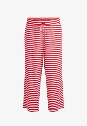 Pidžama hlače s crvenim i bijelim prugama, elastični pojas i vezica; mekana rebrasta tekstura i skraćena duljina.