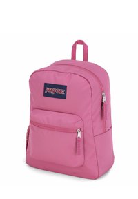 Roze Jansport rugzak gemaakt van duurzaam weefsel, met een hoofdvak met rits en een voorvak met rits, inclusief een handvat aan de bovenkant.