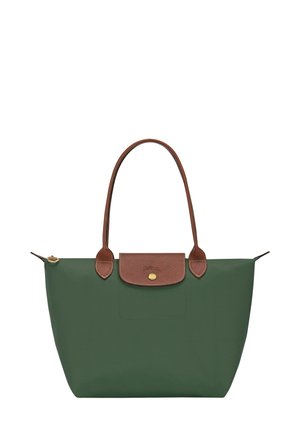 Green nylon tote bag with brown leather accents and handle, featuring a top closure with gold hardware and a spacious design.