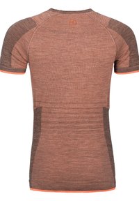 Short-sleeve athletic shirt in brown and orange. Features a textured fabric, raglan sleeves, and contrasting color accents at the neckline and cuffs.