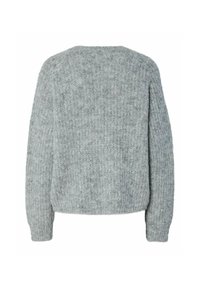 Pelēks adīts svīteri ar garām piedurknēm, ribota tekstūra un taisna apakša, redzams no aizmugures.