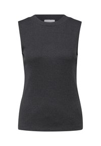 Musta ilman hihoja oleva toppi, joka on valmistettu ribbikudoksesta ja jossa on pyöreä pääntie sekä hienovarainen metallinen kiilto.