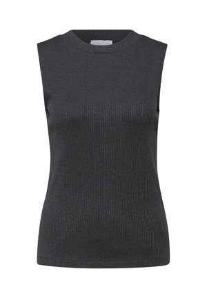 Černý top bez rukávů vyrobený z ribbed pleteniny, s kulatým výstřihem a jemným kovovým leskem.