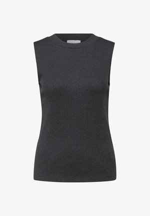 Černý top bez rukávů vyrobený z ribbed pleteniny, s kulatým výstřihem a jemným kovovým leskem.