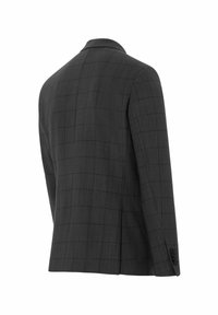Grijze geruite blazer met een gestructureerde stof, enkele split aan de achterkant, geklauwde revers en knoopslees. Getailleerde pasvorm, modern ontwerp.