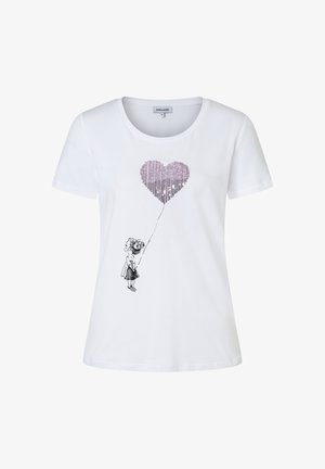 Biały krótki T-shirt z ilustracją dziewczynki trzymającej sznurek związany z fioletowym balonem w kształcie serca z cekinami.