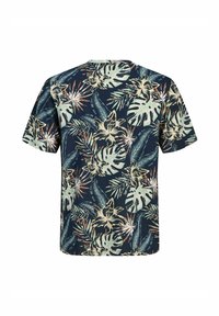 Chemise à manches courtes bleu marine avec imprimé floral tropical comprenant de grandes feuilles et des fleurs dans des tons verts, beige et marron.