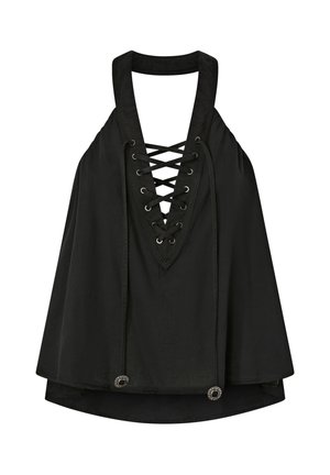 Zwarte mouwloze top met diepe V-hals, voorzien van een gekruiste veterdetail en zilverkleurige knoopaccenten aan de zoom.