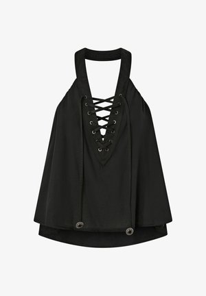 Zwarte mouwloze top met diepe V-hals, voorzien van een gekruiste veterdetail en zilverkleurige knoopaccenten aan de zoom.