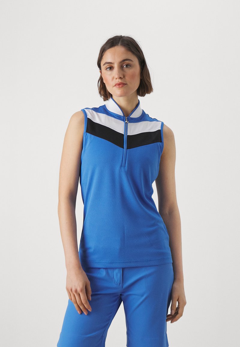 Μπλε αμάνικη μπλούζα με ψηλό γιακά, που διαθέτει φερμουάρ και αντίθετες μαύρες και λευκές οριζόντιες ρίγες. Υφασμάτινη υφή.