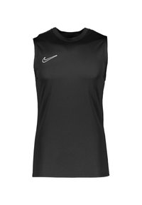 Débardeur de sport noir sans manches avec un col rond, fabriqué en tissu lisse. Il présente un petit logo Nike blanc en haut à gauche.