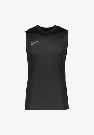 Schwarzes ärmelloses Sport-Top mit rundem Ausschnitt, aus glattem Stoff gefertigt. Verfügt über ein kleines weißes Nike-Logo auf der oberen linken Seite.
