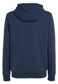 Felpa blu navy con tessuto texturizzato, dotata di cappuccio con cordoncino, maniche lunghe e orlo e polsini a coste, mostrata da dietro.