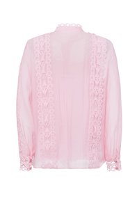 Rosa transparente Bluse mit aufwendigen Spitzendetails an der Vorderseite und den Manschetten, einem weichen Material und einer lässigen Passform.