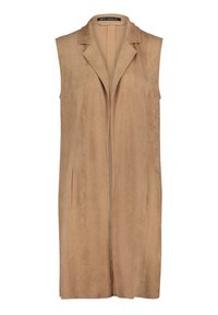 Beżowa bezrękawnikowa kamizelka z miękkiego zamszu, z kołnierzem, otwartym przodem i dwoma kieszeniami po bokach. Gładka faktura i czyste linie.