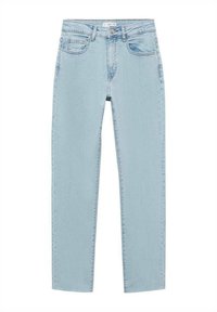 Svetlomodré džínsy s rovnými nohavicami, piatimi vreckami a zipsovým zapínaním. Textúra je hladká, bez viditeľných vzorov alebo poškodenia.