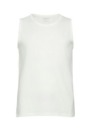 Biały bawełniany top bez rękawów z okrągłym dekoltem, widok z przodu, prosty design i oznakowanie s.Oliver wewnątrz kołnierza.