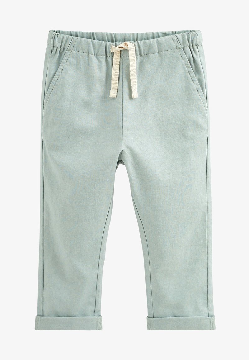 Pantalon pour tout-petit bleu clair avec taille élastique, cordon de serrage crème, poches avant et revers retroussés, présenté sur fond blanc.