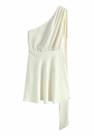 Elfenbeinfarbenes, ärmelloses One-Shoulder-Kleid mit tailliertem Schnitt und asymmetrischem, drapiertem Stoffdetail auf der rechten Seite.