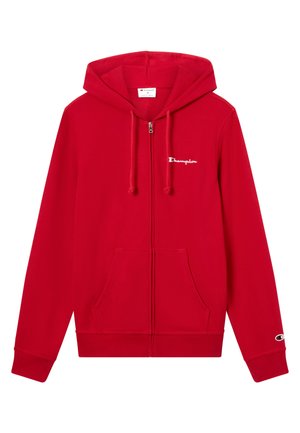 Rode hoodie met ritssluiting, gemaakt van zachte stof, voorzien van een voorzak, verstelbare capuchon met trekkoorden en een wit "Champion"-logo.