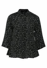 Camisa negra con un patrón de puntos blancos dispersos, con botones en la parte delantera, cuello puntiagudo y mangas de tres cuartos con un dobladillo acampanado.