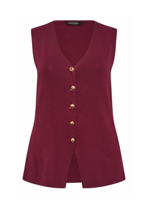 Ærmeløs strikket vest i burgundy med V-hals og fem gyldne knapper foran, skræddersyet pasform med let udvidelse forneden.