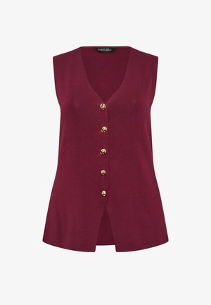 Ærmeløs strikket vest i burgundy med V-hals og fem gyldne knapper foran, skræddersyet pasform med let udvidelse forneden.
