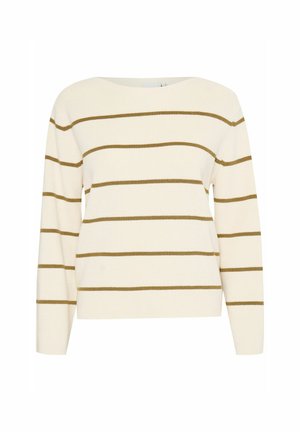 Maglione a coste di colore avorio con strisce verdi oliva alternate, caratterizzato da un ampio scollo e maniche lunghe. Design semplice.