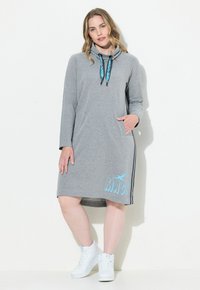 Abito felpa grigio con maniche lunghe, dettaglio a strisce laterali, tasca frontale e testo grafico blu. Materiale in cotone, vestibilità comoda, design fino al ginocchio.