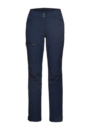 Pantaloni softshell blu navy con una texture morbida, tasche con zip e ginocchia articolate. Presentano cuciture a contrasto e orli rinforzati.
