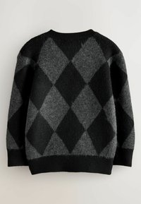 Maglione in lana con motivo argyle nero e grigio scuro, maniche lunghe e polsini, colletto e orlo ribattuti, mostrato da dietro.