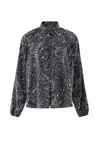 Blusa nera a maniche lunghe con colletto alto, decorata con un motivo paisley e floreale blu e bianco, polsini elasticizzati e bottoni frontali nascosti.