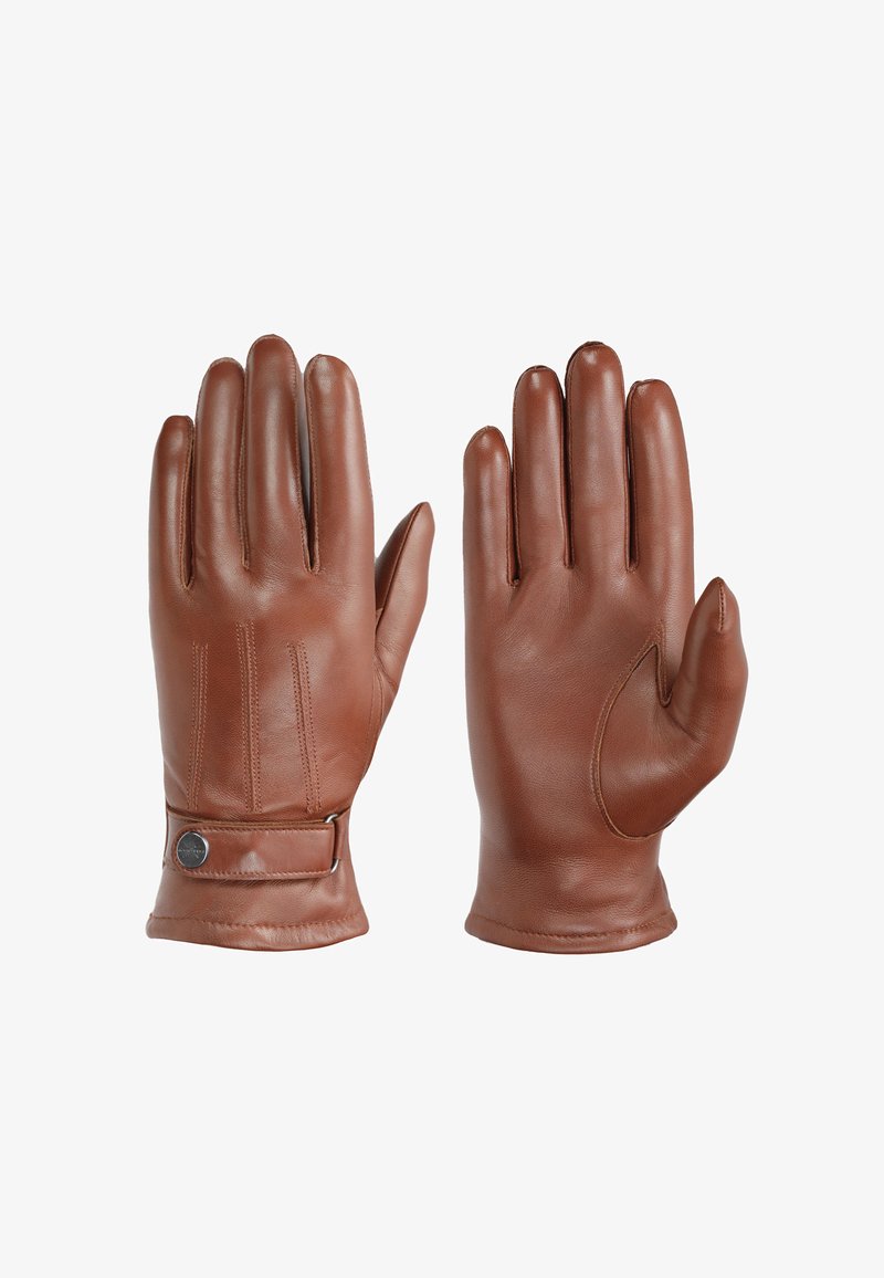 Rudos odinės pirštinės su lygiu paviršiumi, tiesiomis siūlėmis ir reguliuojama dirželiu su mygtuko akcentu.