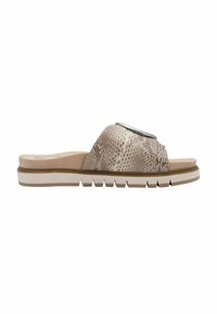 Sandales avec une tige texturée à imprimé serpent marron clair et un accent circulaire brillant. Semelle épaisse blanche avec motif en zigzag pour une meilleure adhérence.